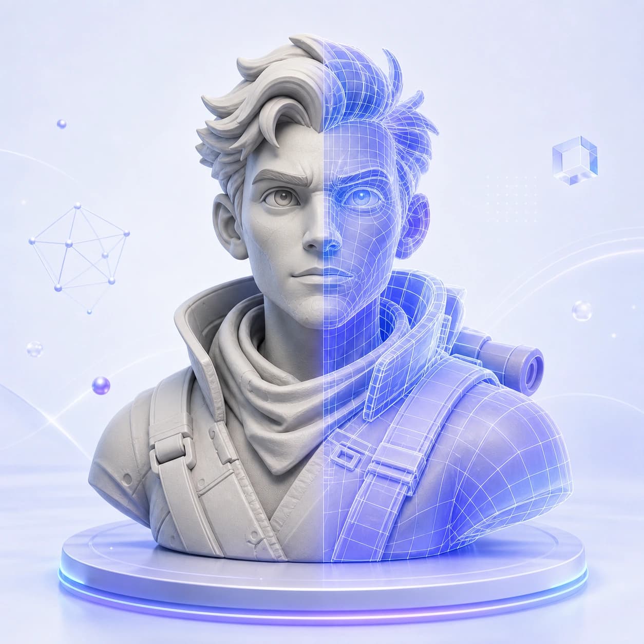 AI generated character bust with clay and wireframe topology